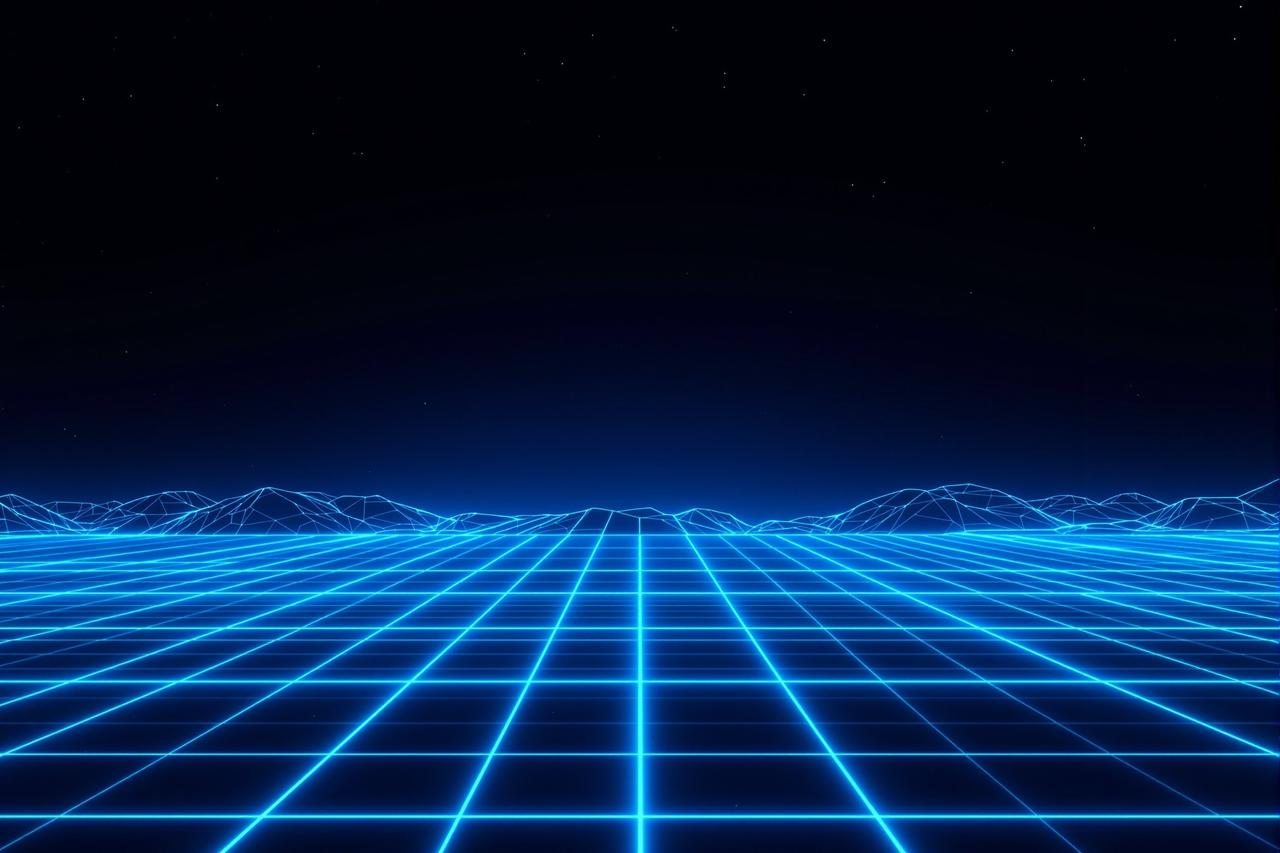 韩国影视背景 - 霓虹像素网格构成的数字电影世界