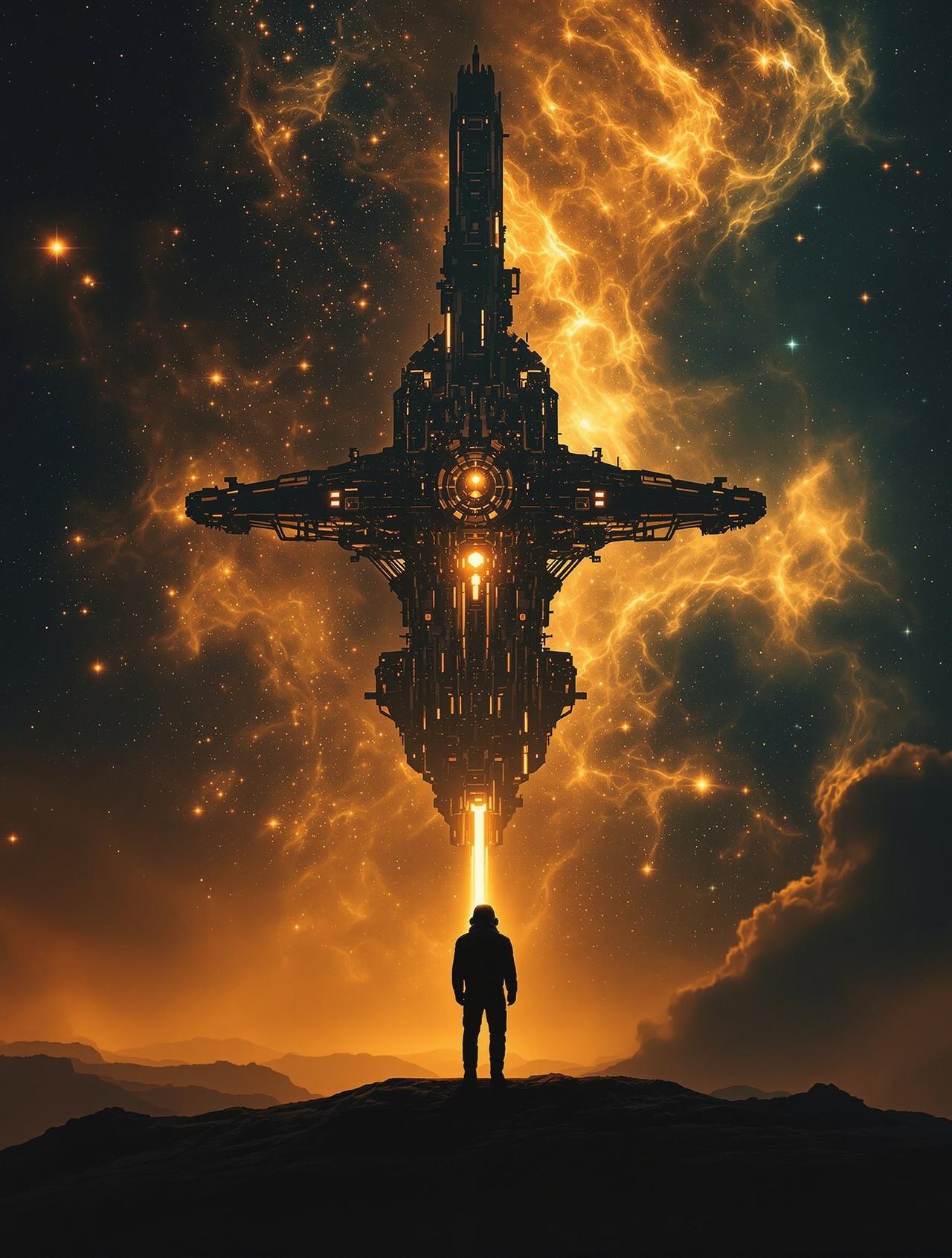 《星际像素》科幻电影海报,深空背景下宇航员面对发光像素星云的视觉画面